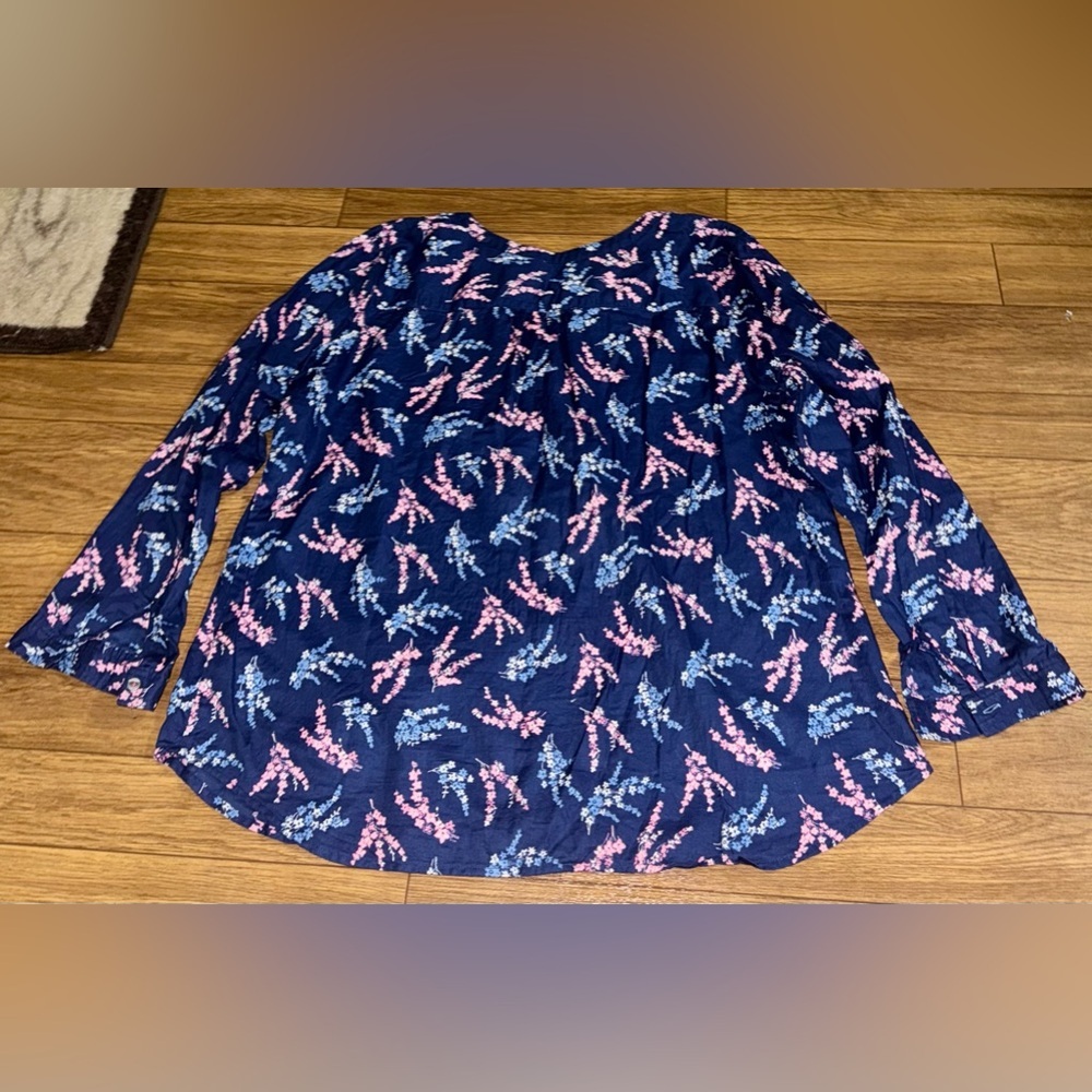 Talbots Womens Blue Pink Floral Popover Blouse Size M Long Sleeve Notch Neck